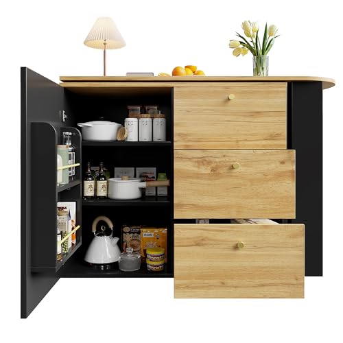 Generisch Ausziehbarer Bartisch mit Stauraum(138-204×39×104cm), 360° drehbare Essbar,Moderner Beweglicher Bar Table,Hochtisch Kücheninsel Bistro Table, Sideboard mit Holzmaserung