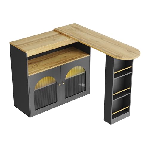 Huayz Bartisch Esstisch Buffets Modern Ausziehbar Drehbar Bartisch Tisch Stehtisch Bistrotisch mit Stauraum und 1m langem LED Lichtstreifen für Esszimmer