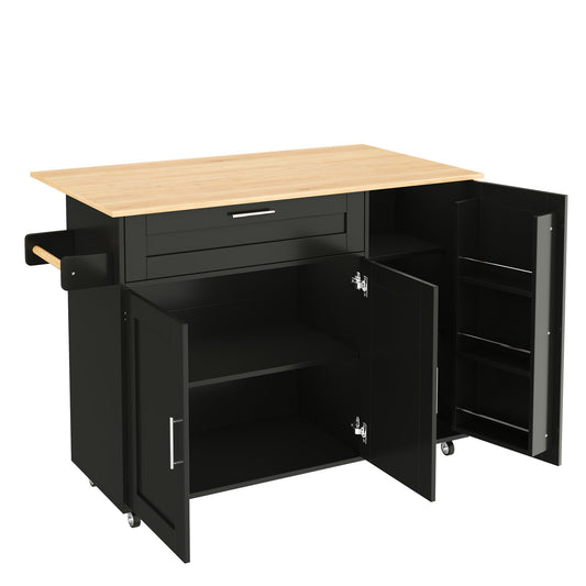 Kücheninselwagen mit abklappbarer Arbeitsplatte, Küchenschrank auf Rollen mit Schublade & Gewürzregal & 3 Türen, bewegliche Kücheninsel, für Küche und Esszimmer, 132.5x44(70) x90 cm (Schwarz)
