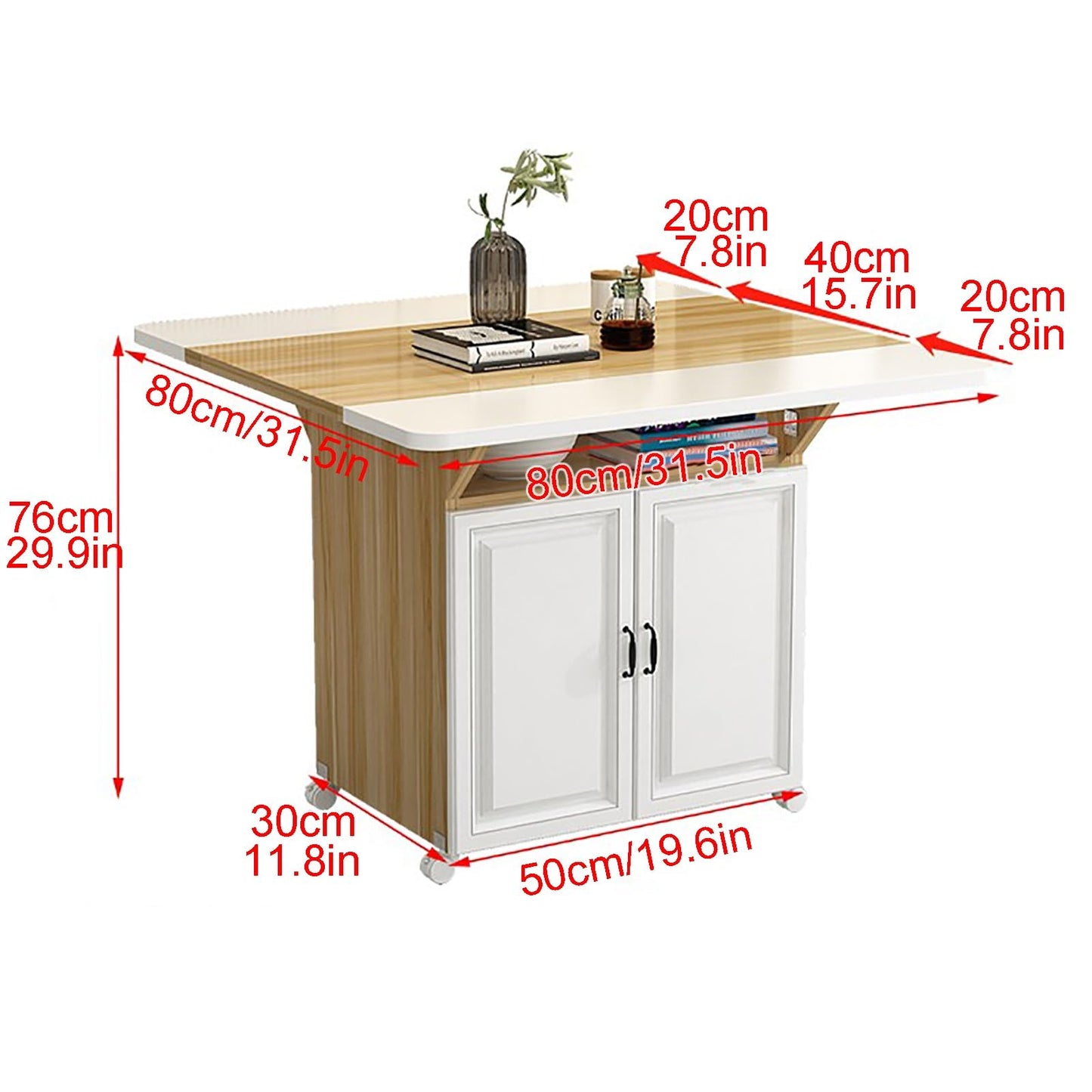 Vielseitiger, faltbarer Esstisch mit Ablagen, erweiterbar, platzsparendes Design, beweglicher 3-in-1-Tisch mit abgerundeten Ecken, Weiß und Natur-Finish (80 x 80 x 76 cm)