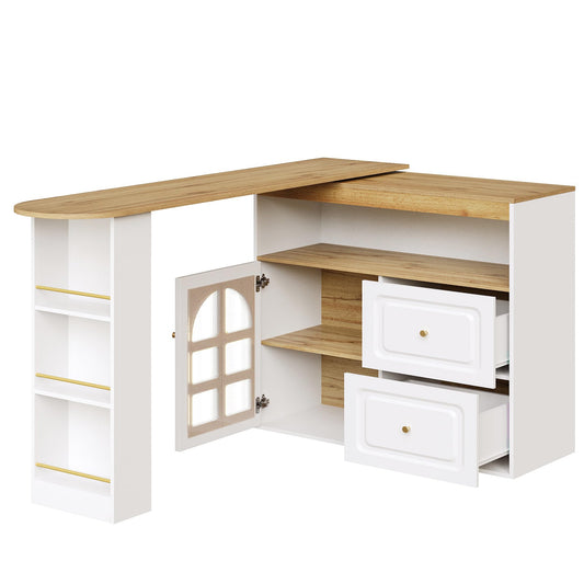 Huayz 360° Drehbare Essbar,Modern Ausziehbar Bartisch Esstisch,1 Schiebetür und 2 Schubladen,Offenes Ablagefach,Drehbarer Sideboardschrank mit Regalen und Bogenglas,für Esszimmer Bar (Weiß)