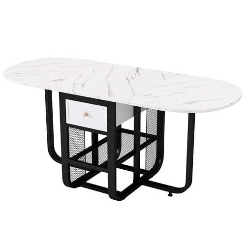 Faltbarer Esstisch mit Schublade & Aufbewahrungsregal, erweiterbarer platzsparender Tisch für kleine Bereiche, multifunktional, oval, modernes Design für Küche und Büro
