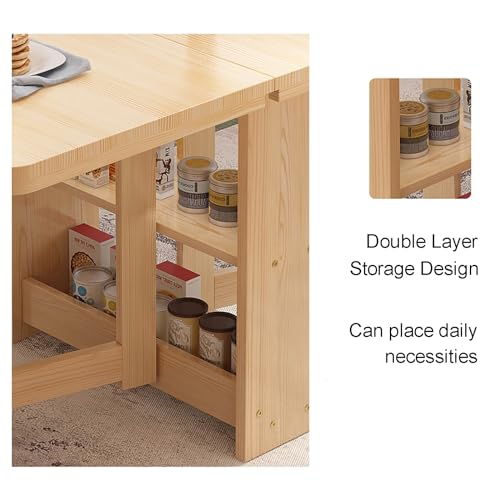 Table de cuisine pliable en bois massif avec étagère de rangement double couche - Table de salle à manger polyvalente pour cuisine, bureau - Charge facile de 400 kg - Extension pliable, 3 formes