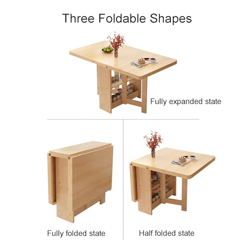 Table de cuisine pliable en bois massif avec étagère de rangement double couche - Table de salle à manger polyvalente pour cuisine, bureau - Charge facile de 400 kg - Extension pliable, 3 formes