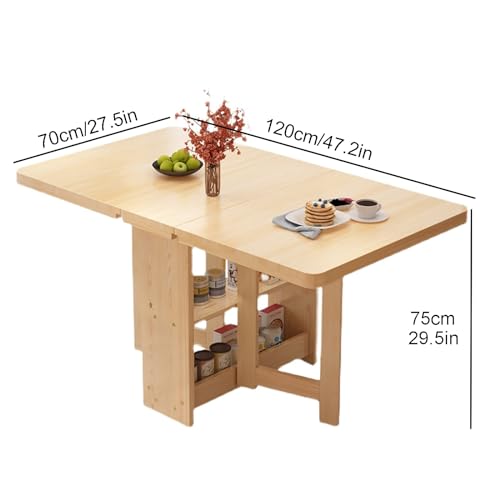 Table de cuisine pliable en bois massif avec étagère de rangement double couche - Table de salle à manger polyvalente pour cuisine, bureau - Charge facile de 400 kg - Extension pliable, 3 formes