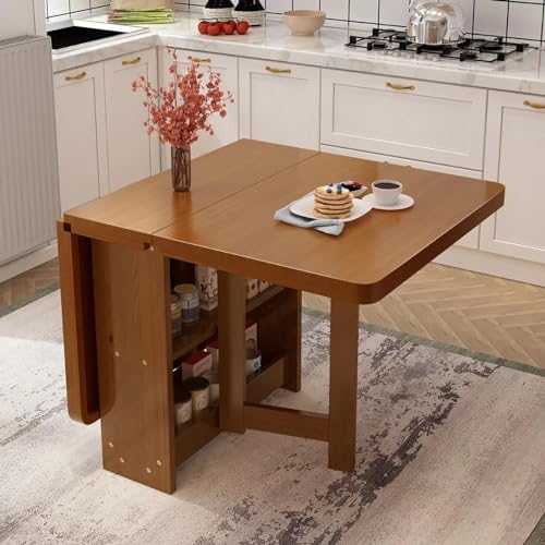 Table de cuisine pliable en bois massif avec étagère de rangement double couche - Table de salle à manger polyvalente pour cuisine, bureau - Charge facile de 400 kg - Extension pliable, 3 formes