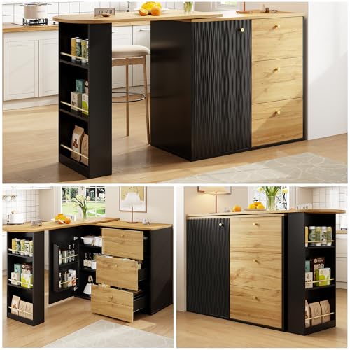 Generisch Ausziehbarer Bartisch mit Stauraum(138-204×39×104cm), 360° drehbare Essbar,Moderner Beweglicher Bar Table,Hochtisch Kücheninsel Bistro Table, Sideboard mit Holzmaserung