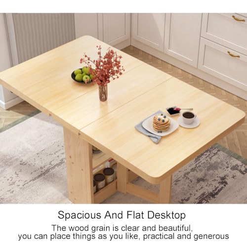 Table de cuisine pliable en bois massif avec étagère de rangement double couche - Table de salle à manger polyvalente pour cuisine, bureau - Charge facile de 400 kg - Extension pliable, 3 formes