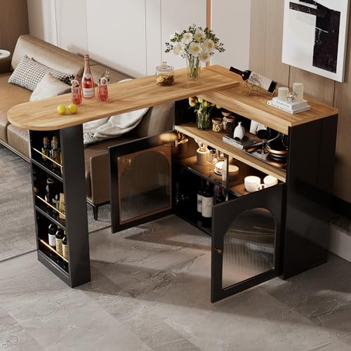 Huayz Bartisch Esstisch Buffets Modern Ausziehbar Drehbar Bartisch Tisch Stehtisch Bistrotisch mit Stauraum und 1m langem LED Lichtstreifen für Esszimmer