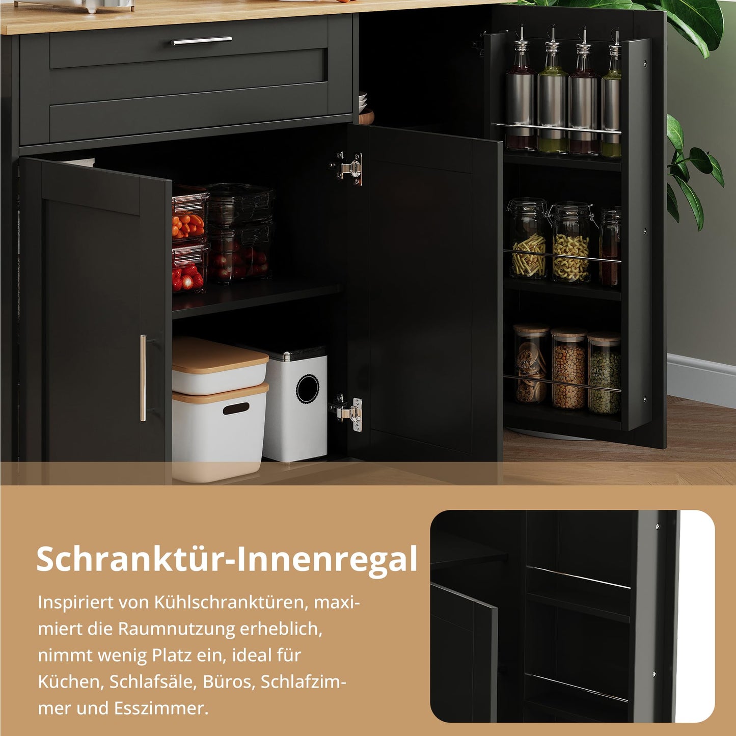 Kücheninselwagen mit abklappbarer Arbeitsplatte, Küchenschrank auf Rollen mit Schublade & Gewürzregal & 3 Türen, bewegliche Kücheninsel, für Küche und Esszimmer, 132.5x44(70) x90 cm (Schwarz)
