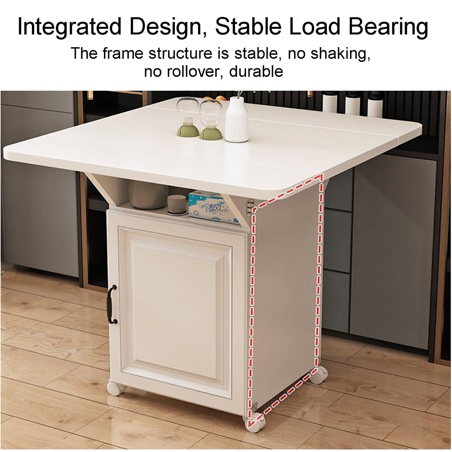 Vielseitiger, faltbarer Esstisch mit Ablagen, erweiterbar, platzsparendes Design, beweglicher 3-in-1-Tisch mit abgerundeten Ecken, Weiß und Natur-Finish (80 x 80 x 76 cm)