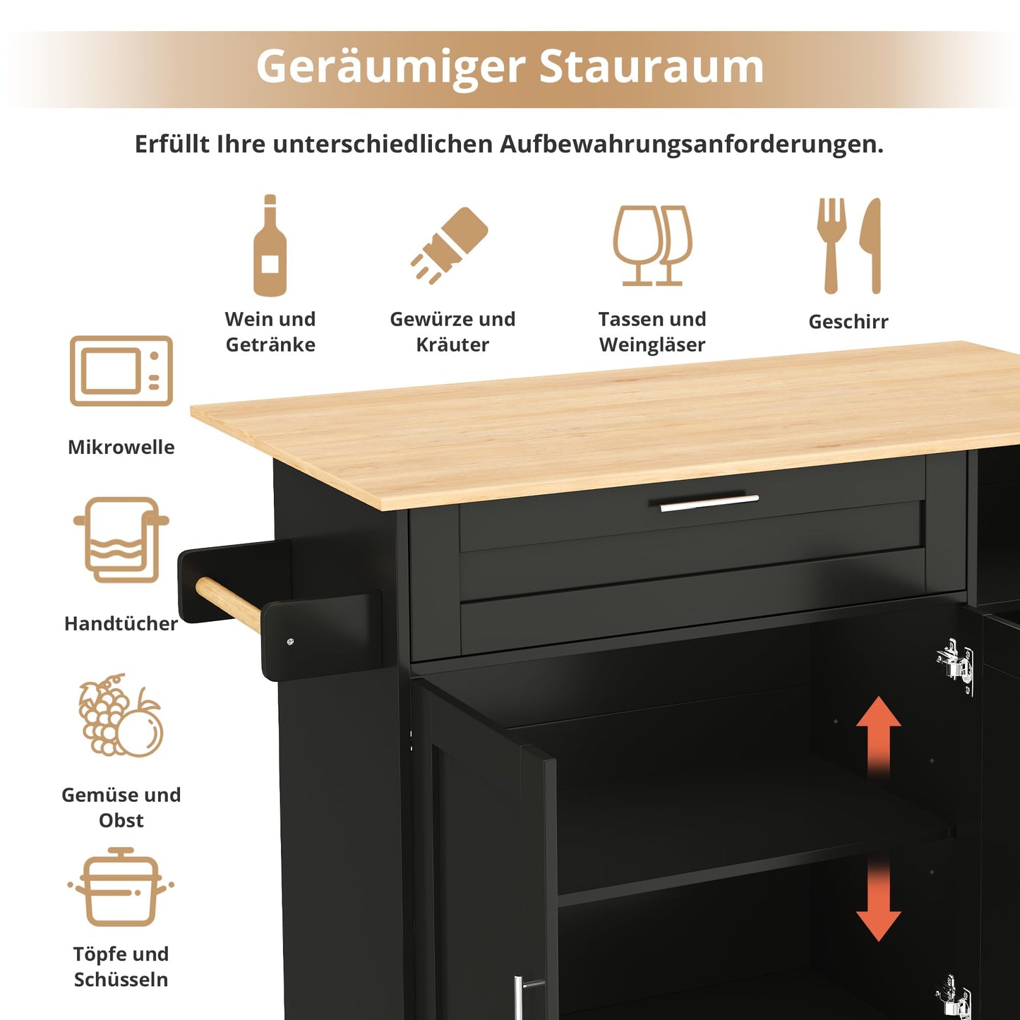 Kücheninselwagen mit abklappbarer Arbeitsplatte, Küchenschrank auf Rollen mit Schublade & Gewürzregal & 3 Türen, bewegliche Kücheninsel, für Küche und Esszimmer, 132.5x44(70) x90 cm (Schwarz)