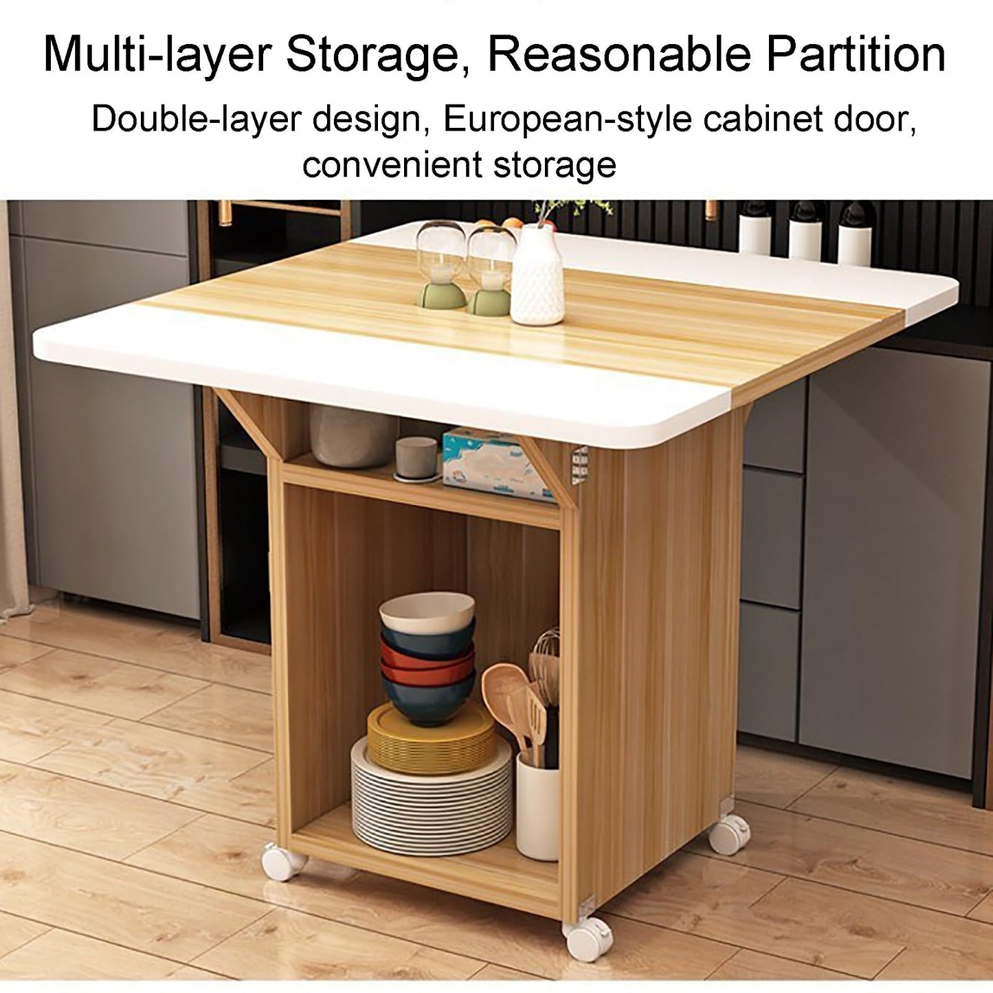 Vielseitiger, faltbarer Esstisch mit Ablagen, erweiterbar, platzsparendes Design, beweglicher 3-in-1-Tisch mit abgerundeten Ecken, Weiß und Natur-Finish (80 x 80 x 76 cm)