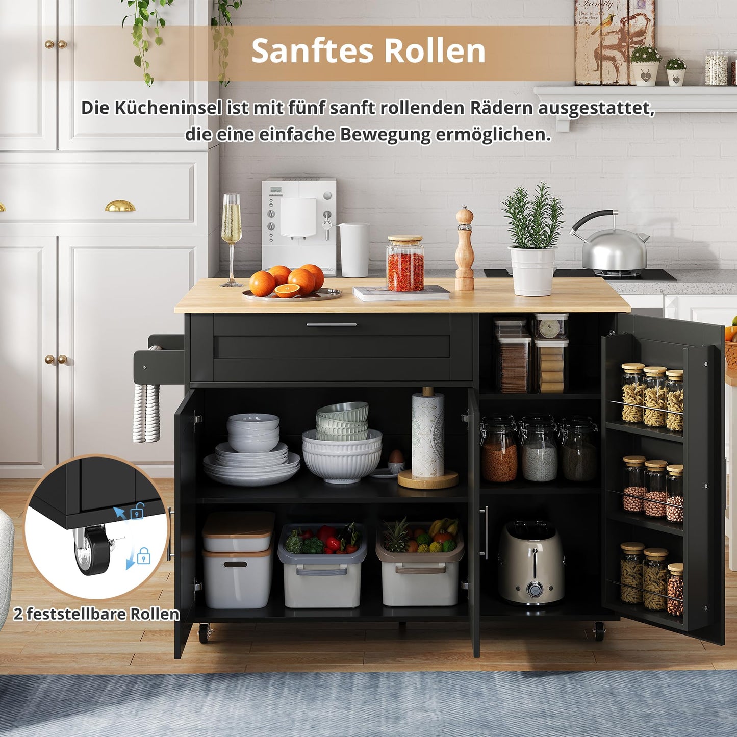 Kücheninselwagen mit abklappbarer Arbeitsplatte, Küchenschrank auf Rollen mit Schublade & Gewürzregal & 3 Türen, bewegliche Kücheninsel, für Küche und Esszimmer, 132.5x44(70) x90 cm (Schwarz)
