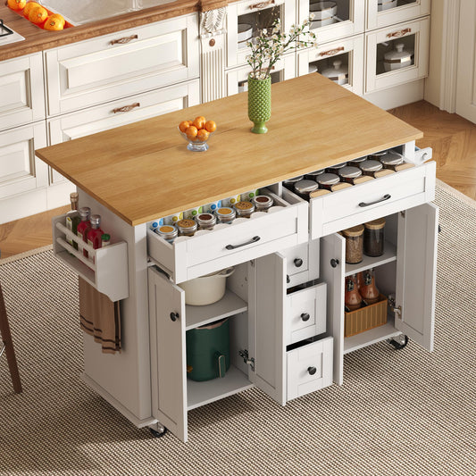 Huayz Küchenwagen mit Ausklappbarer Arbeitsplatte, erweiterbar 120×65 cm, mit 5 Schubladen, Gewürz- & Handtuchhalter, auf Rollen – Kücheninsel für Küche, Esszimmer & Wohnzimmer