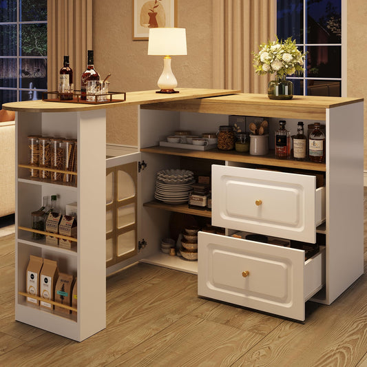 Huayz 360° Drehbare Essbar,Modern Ausziehbar Bartisch Esstisch,1 Schiebetür und 2 Schubladen,Offenes Ablagefach,Drehbarer Sideboardschrank mit Regalen und Bogenglas,für Esszimmer Bar (Weiß)